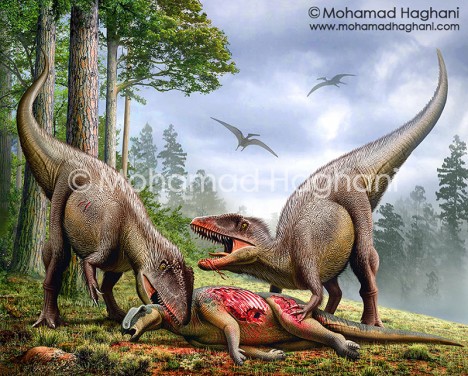 Two Carcharodontosaurus hunt an Ouranosaurus